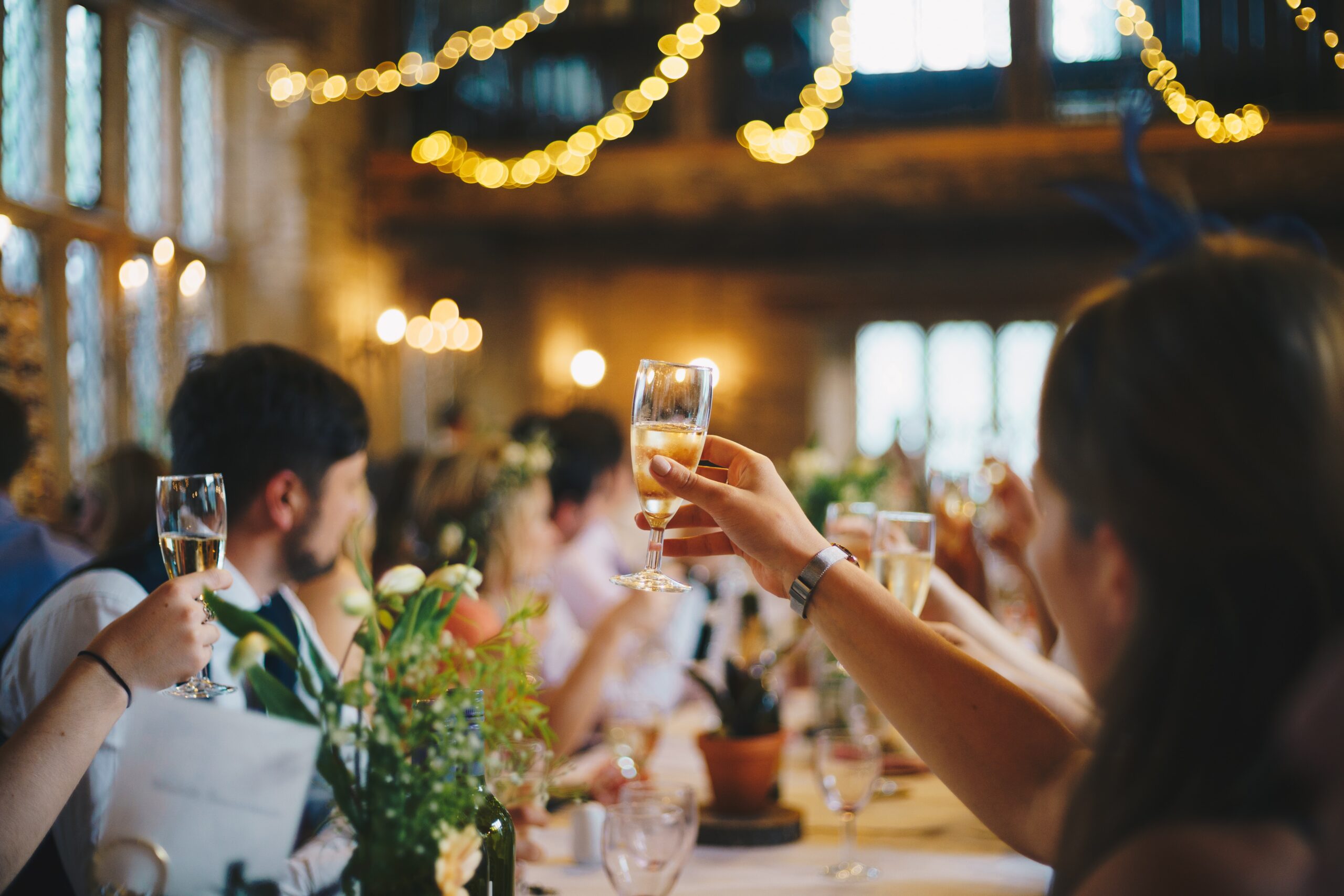 guests cheersing during wedding