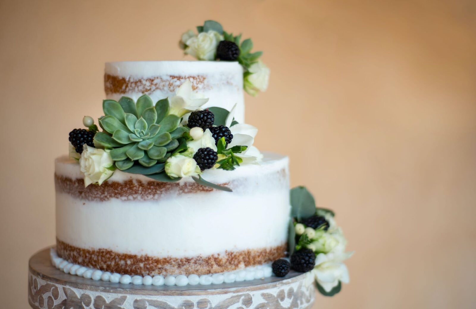 minimalist cake with succulent and blackberry accents