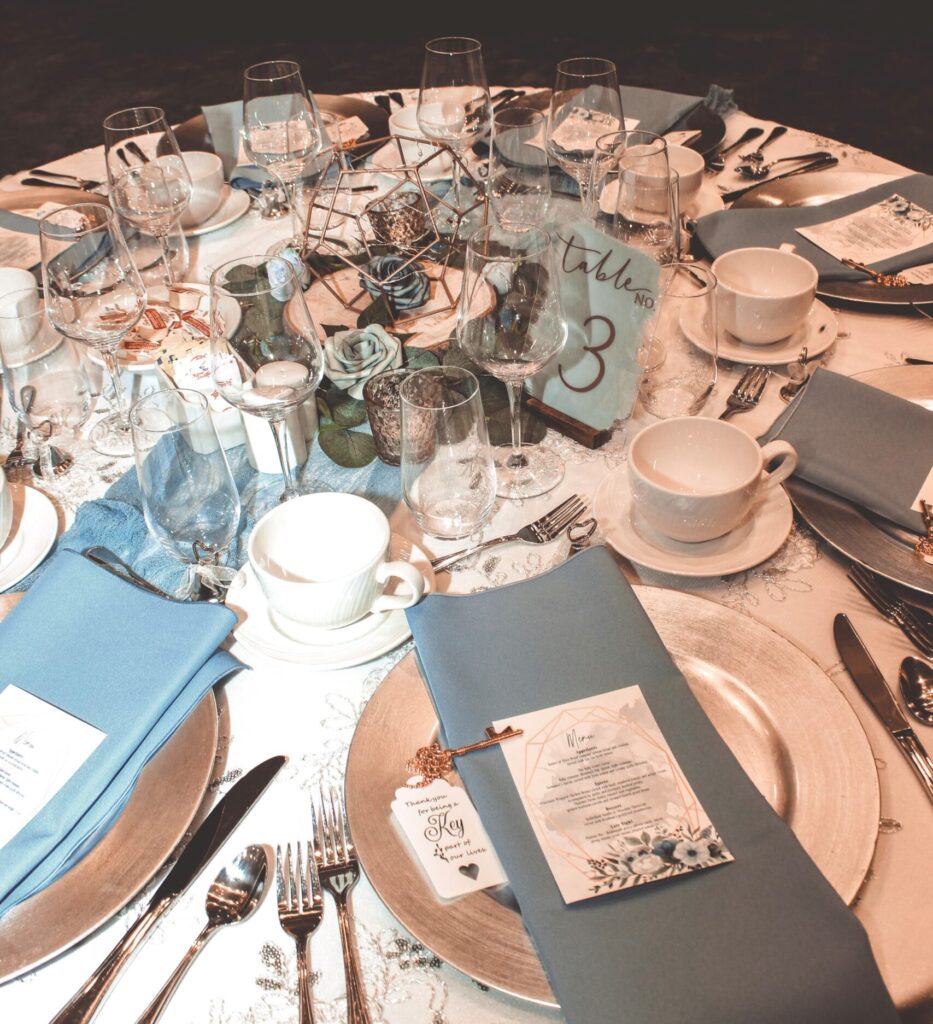 table set up with blue accents